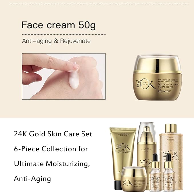 24K Gold Skin Care Set 6-Piece Collection 24K Skincare Set with Facial Cleanser, Face Serum 2pcs, Eye Cream, Essence Milk, Toner, Anti-Aging Skin Care Kit For Women