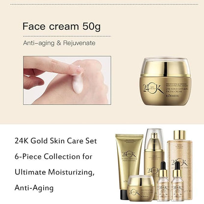 24K Gold Skin Care Set 6-Piece Collection 24K Skincare Set with Facial Cleanser, Face Serum 2pcs, Eye Cream, Essence Milk, Toner, Anti-Aging Skin Care Kit For Women