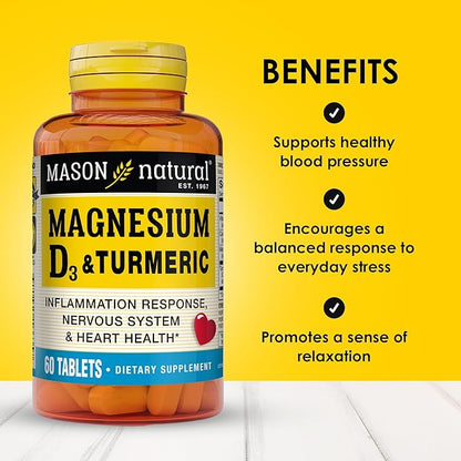 MASON NATURAL Magnesium & Vitamin D3 with Turmeric - Healthy Heart and Nervous System, Strengthens Bones and Muscles, Improved Joint Health, 60 Tablets (Pack of 3)