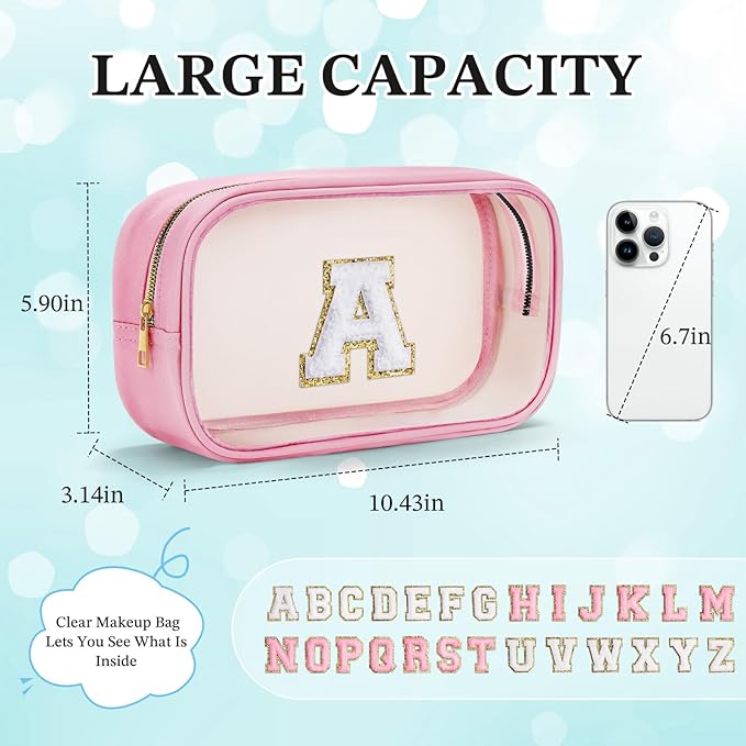YOOLIFE Travel Clear Makeup Bag Toiletry Bag, Make up Bag Waterproof Toiletry Bags for Women Cosmetic Bag Preppy Stuff Birthday Gifts for Women Personalized Pink Mother Girlfriend Wife Gifts Letter O