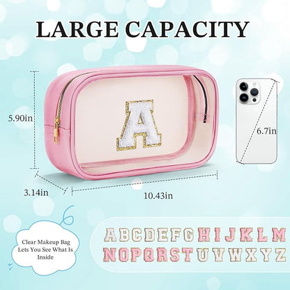 YOOLIFE Birthday Gifts | Initial Travel Essentials Makeup Bag, Clear Toiletry Bag Pouch Cosmetic Bag Case Large Makeup Bag Personalized Pink Birthday Gifts for Women Teacher Mom Teen Friends J