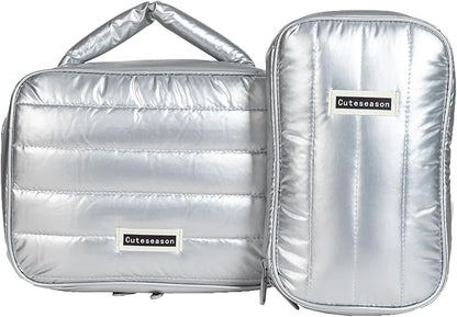 Shiny Puffy Makeup Bag Large Capacity Travel Water-proof Toiletry Bag Drop-proof Digital Product Organizer (Silver, L and M)