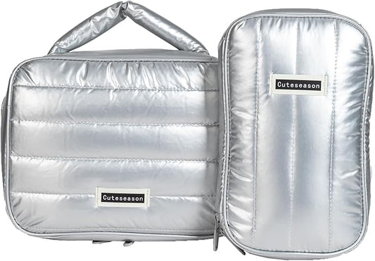 Shiny Puffy Makeup Bag Large Capacity Travel Water-proof Toiletry Bag Drop-proof Digital Product Organizer (Silver, L and M)