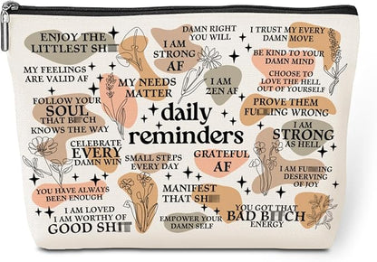 Daily Reminders Makeup Bag Positive Affirmations Self Love Gifts Inspirational Mental Health Gifts for Female Friend Colleagues Coworker Birthday Friendship Mothers Day Nurse Day Travel Toiletry Bag