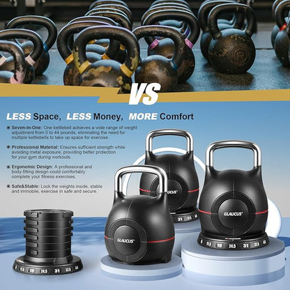 Adjustable Weights Kettlebell - Quickly Easy Adjusts 7 Weights(5lb-44lb)