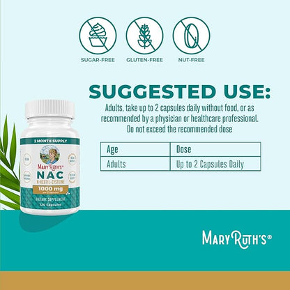 MaryRuth Organics Nutritional Supplement Capsule, N-Acetyl Cysteine, 2 Month Supply, NAC 1000mg Per Serving, Vegan, Non-GMO, Gluten Free, 120 Count