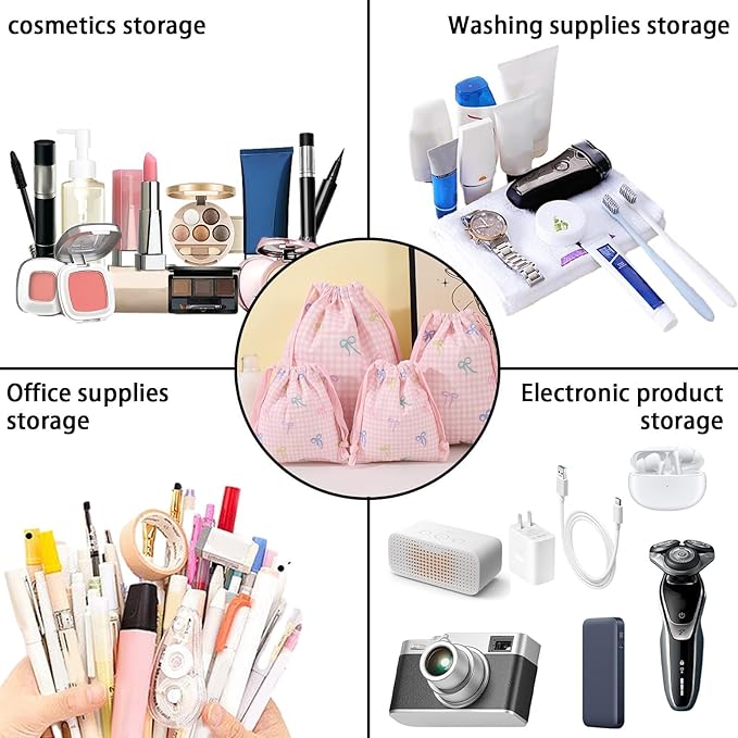 LYDZTION 4pcs Floral Drawstring Makeup Bags Pouches For Purse, Small Canvas Cloth Gift Bags Pouch For Cosmetics Jewerlry Home Travel Storage, Pink Bow