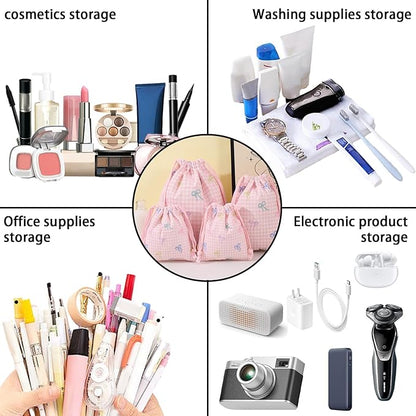 LYDZTION 4pcs Floral Drawstring Makeup Bags Pouches For Purse, Small Canvas Cloth Gift Bags Pouch For Cosmetics Jewerlry Home Travel Storage, Pink Bow