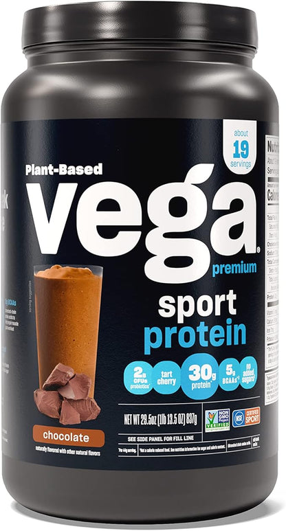 Vega Premium Sport Protein Chocolate Protein Powder, Vegan, Non GMO, Gluten Free Plant Based Protein Powder Drink Mix, NSF Certified for Sport, 29.5 oz