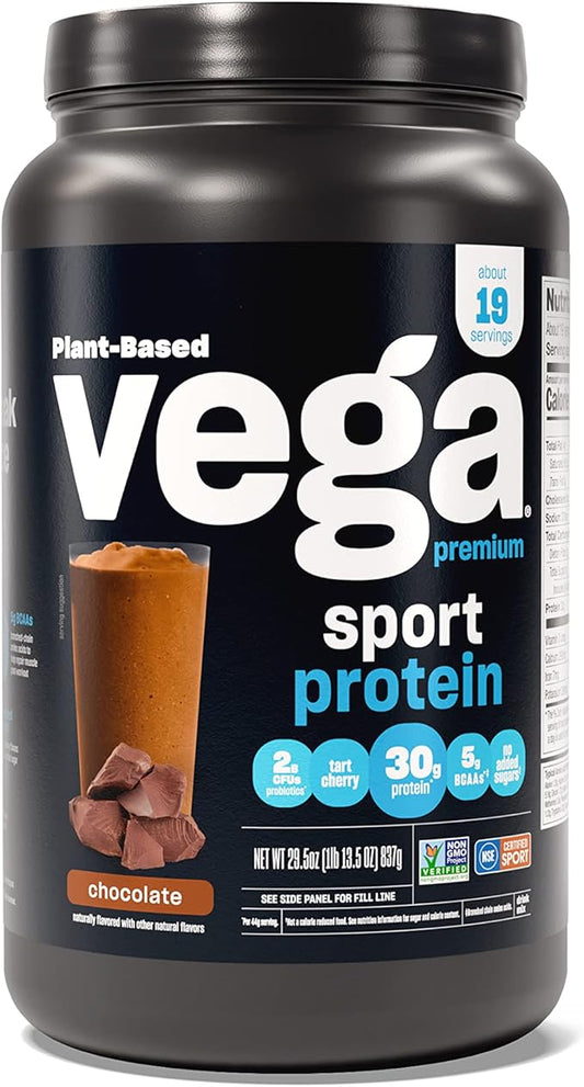 Vega Premium Sport Protein Chocolate Protein Powder, Vegan, Non GMO, Gluten Free Plant Based Protein Powder Drink Mix, NSF Certified for Sport, 29.5 oz