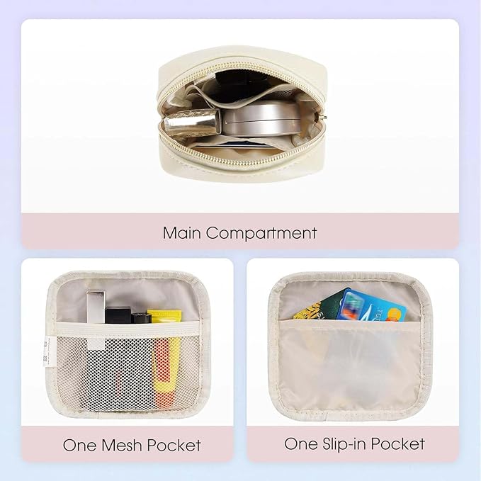 Wandering Nature Small Makeup Bag for Purse Mini Make up Pouch Cute Cosmetic Pouch for Women with Slip-in Pockets Matte Leather, Milky White
