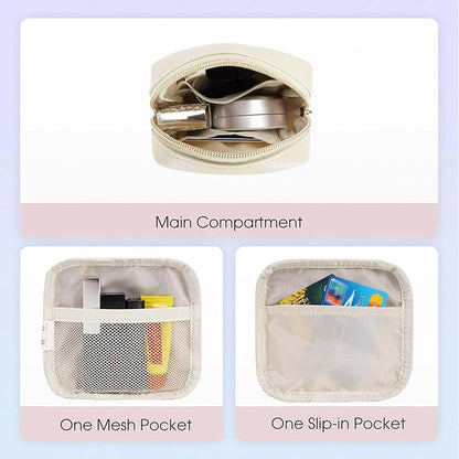Wandering Nature Small Makeup Bag for Purse Mini Make up Pouch Cute Cosmetic Pouch for Women with Slip-in Pockets Matte Leather, Milky White