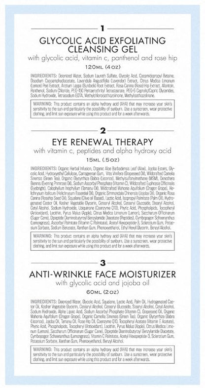 Anti Aging Skin Care Kits for Her or Him Glycolic Acid Face Cleanser/Alpha Hydroxy Face Wash, Glycolic Acid 10% Daily Moisturizer & Eye Cream for Dark Circles. Skincare Set Kit for Women & Men
