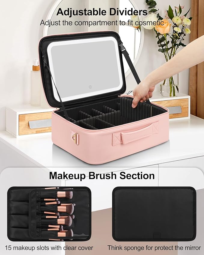 Chomeiu Makeup Bag with LED Mirror, Large Train Case for Makeup Artists, 16.2 inches Travel Professional Cosmetic Organizer with Light Up Mirror, 3 Color Lights, Brush Holder & Shoulder Strap (Pink)