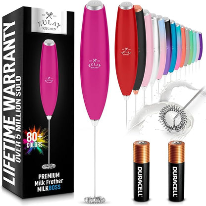 Zulay Kitchen Milk Frother Wand Drink Mixer with AA Duracell Batteries- Durable Handheld Milk Frother Electric Whisk - Easy-Clean Milk Frother Wand & Blender - Electric Coffee Frother - Dragonfruit
