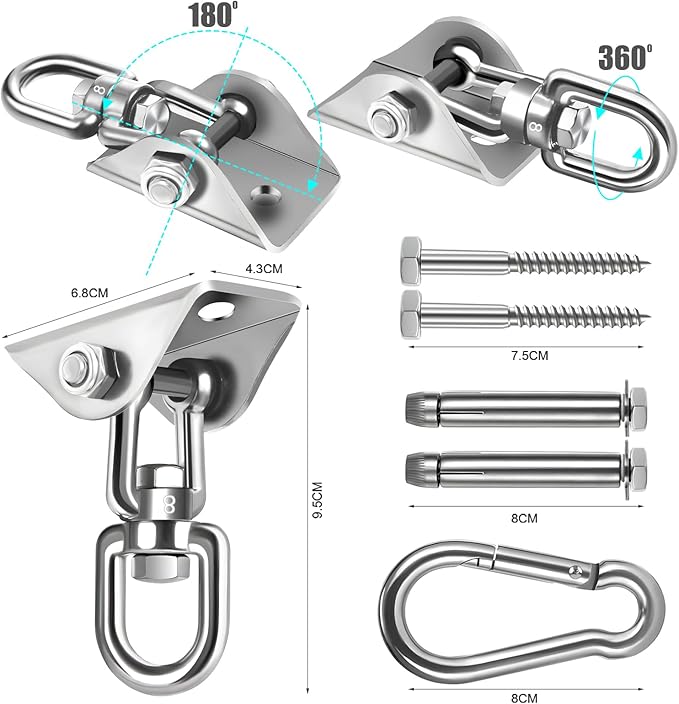 Hammock Hanging Kit,Hanging Chair Hardware 360°Rotating 1200 lb Capacity Hammock Hooks Heavy Duty,Hammock Chair Hanging Kit & Swing Ceiling Hook Snap for Hammock Chair Stand,Seat,Tree,Yoga,Gym(Silver)