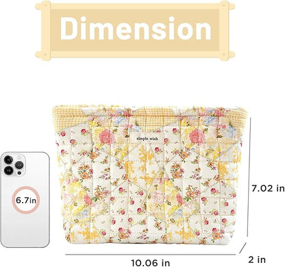 Floral Makeup Bag Large Cotton Quilted Cosmetic Makeup Bag Organizer, Aesthetic Portable Pouch Purse Toiletry Bag for Women Girls Travel accessories (Beige Floral-L)