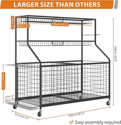 Gadroad Sports Equipment Organizer, Ball Rack, Gear & Ball Storage - Garage Organizer with Baskets, Hooks & Rolling Cart - Black