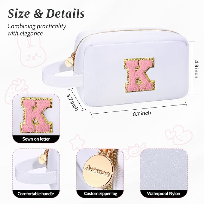 Aveniee Monogram Travel Makeup Bag for Women,Initial Cosmetic Organizer With Handle,Preppy Toiletry Bag,Christmas Birthday Gifts for Women Teen Girls Sister Teacher-White S