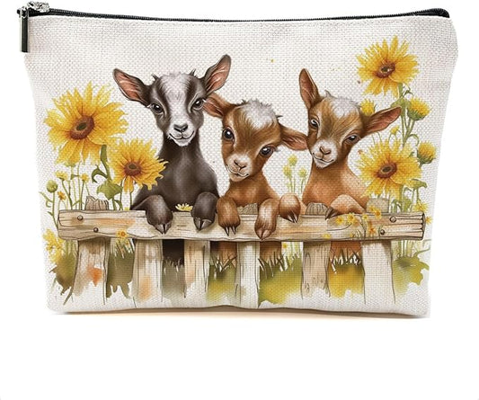 Goat Gifts for Goat Lovers Makeup Bag Cute Sunflower Goat Cosmetic Bag Animal Lover Gifts for Women Girls Friend Daughter Travel Organizer Zipper Pouch Graduation Birthday Friendship Gifts