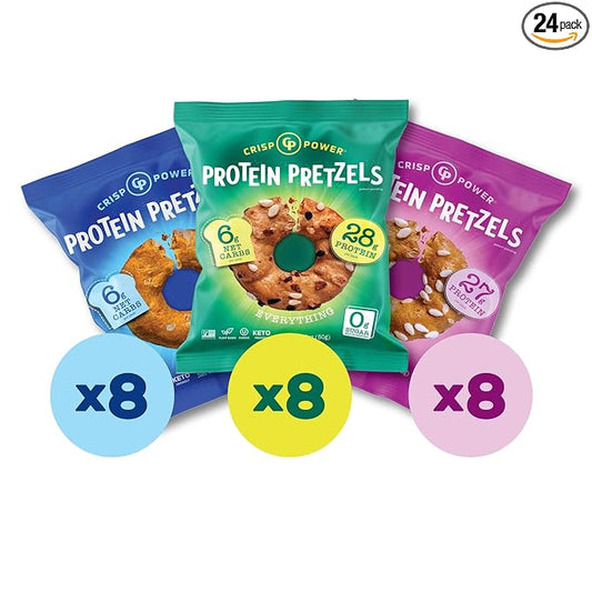 Crisp Power High Protein Pretzel Crisps - 6 Pack x 1.75 oz Crunchy & Flavorful Plant-Based Snack. No Sugar, 28g Protein Per Pack in 3 Savory Flavors, Vegan, Keto Friendly, Non-GMO, Kosher Non-Dairy (1.75 Ounce (Pack of 24), Mix)