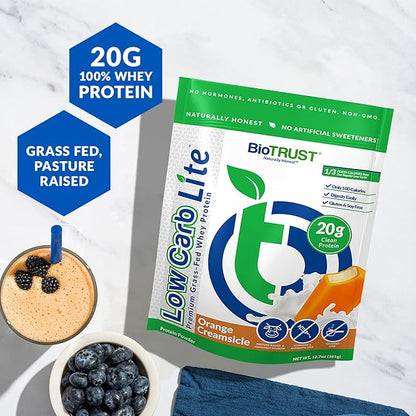 BioTrust Low Carb Lite, 20 Grams of Grass-Fed Whey Protein Isolate, 100 Calories, ProHydrolase Digestive Enzymes, Non-GMO, Free from Soy and Gluten, rBGH-Free (14 Servings) (Orange Cream)