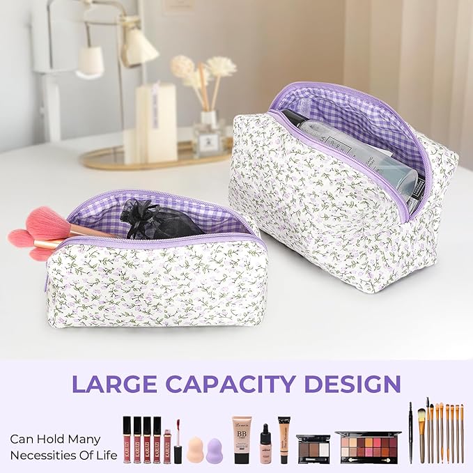 Quilted Makeup Bag Set,Large Floral Cosmetic Pouch For Women,Cute Cotton Brushes Storage Travel Toiletry Organizer Bags(Purple Floral)