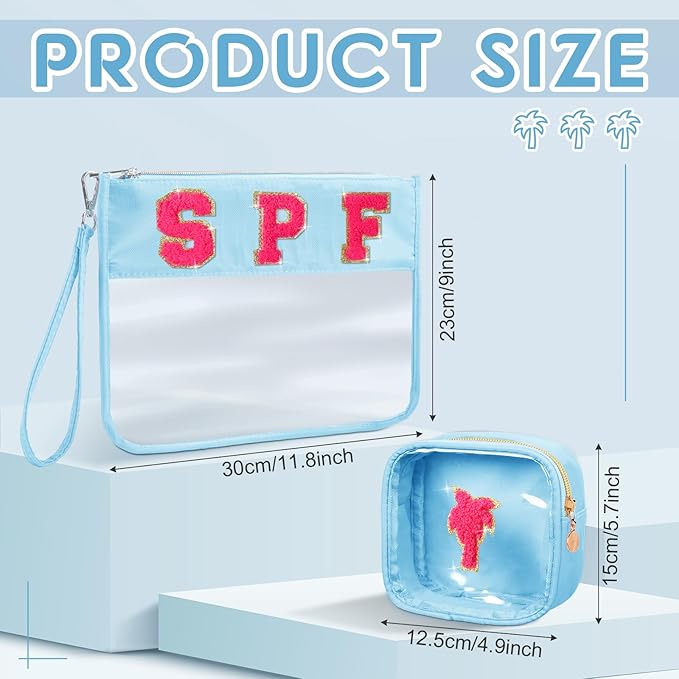 Hillban 2 Pcs Clear SPF Makeup Bag Chenille Letter Patch Sunscreen Bag Preppy Pouch Clear Cosmetic Toiletry Zipper Pouch Summer Beach Pool Sunscreen Purse
