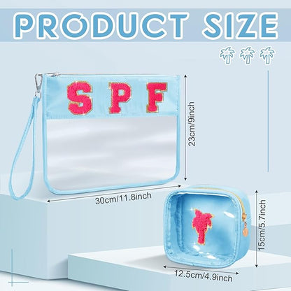 Hillban 2 Pcs Clear SPF Makeup Bag Chenille Letter Patch Sunscreen Bag Preppy Pouch Clear Cosmetic Toiletry Zipper Pouch Summer Beach Pool Sunscreen Purse