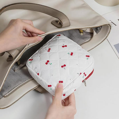 Small Quilted Cotton Makeup Bag for Purse, Cosmetic Bag with Compartments, Cotton Aesthetic Makeup Bag, Travel Toiletry Pouch, Key Pocket Lipstick Bag Card Holder Data Cable Organizer（07Cherry）
