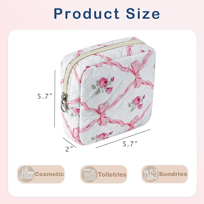 Small Quilted Cotton Makeup Bag for Purse, Cosmetic Bag with Compartments, Cotton Aesthetic Makeup Bag, Travel Toiletry Pouch, Key Pocket Lipstick Bag Card Holder Data Cable Organizer (04Pink Bow)