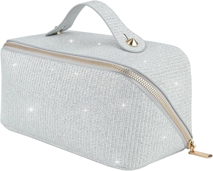KEYPOWER Large Capacity Glitter Sequin Cosmetic Bag Travel Makeup Bag Sparkly and Shiny Portable Toiletry Bag with Handle for Women (Silver)