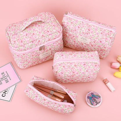 Quilted Makeup Bag Set 3 Pcs Cotton Cute Makeup Bags For Women Large Aesthetic Floral Cosmetic Bag Coquette Flower Makeup Pouch