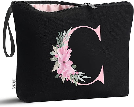 Vavabox A-Z Personalized Makeup Bag, Birthday Gifts for Women Mom, Gifts for Best Friend, Bride Bridesmaid Cosmetic bag (C, Black)