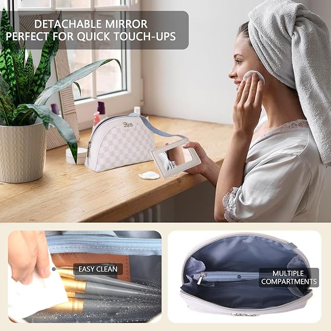 Small Makeup Bag for Purse Cosmetic Bag: Checkered Make up Bag for Women - Cute Preppy Skincare Bags for Evening - Waterproof Travel Pouch for Toiletry Organizer with Mirror & Zipper(024-White)