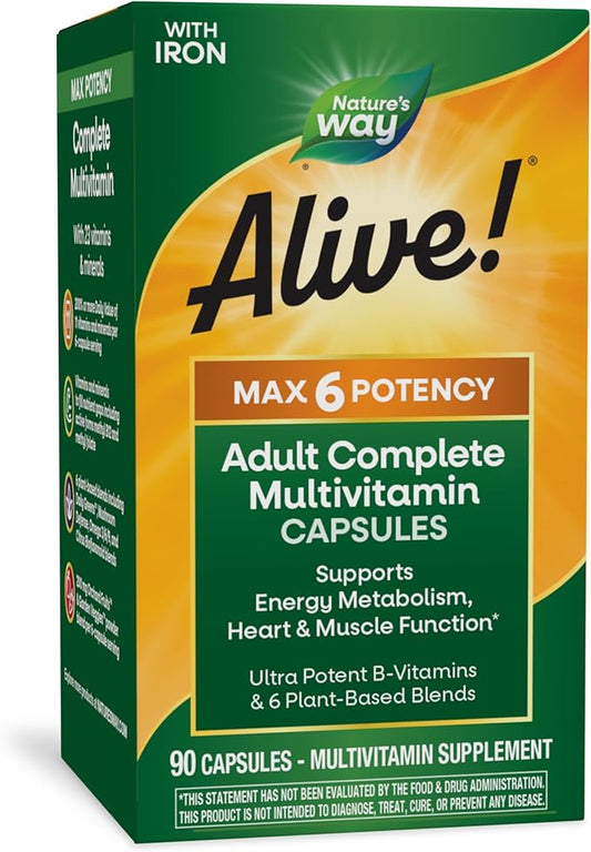 Nature's Way Alive! Max6 Potency Adult Complete Multivitamin, with Iron, Vitamins A, C, E & B-Vitamins Including Methylated B12 & Folate, Supports Energy Metabolism*, 90 Capsules (Packaging May Vary)