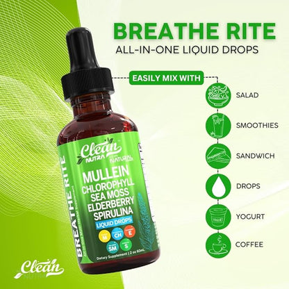 Organic Mullein Liquid Drops With Chlorophyll for Lung Detox Plus Irish Sea Moss, Spirulina, Licorice, Tart Cherry, Lobelia, Motherwort, And Elderberry For Men Women Health Supplement Vitamin
