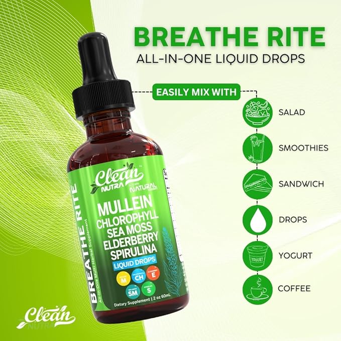 Organic Mullein Liquid Drops With Chlorophyll for Lung Detox Plus Irish Sea Moss, Spirulina, Licorice, Tart Cherry, Lobelia, Motherwort, And Elderberry For Men Women Health Supplement Vitamin