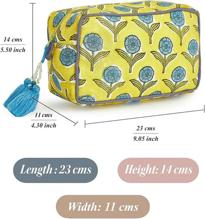 Travel Makeup Bag- Large Capacity Cosmetic Bags for Women - Water Resistance Lining Portable Pouch & Open Toiletry Bag - Perfect Girls Makeup Organizer for Travel Essentials (Blue & Yellow Floral)