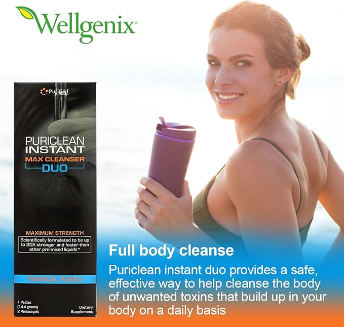 Wellgenix Puriclean Instant Max Cleanser Duo, 20X Stronger Fast Acting Powder & Softgels, Tropical Punch Flavor, Premium Herbal Cleanse Detox, Ideal for Extreme Toxin Levels, 1 Packet & 2 Releasegels