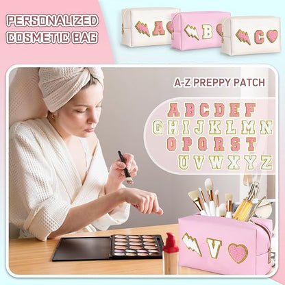 TOPEAST Personalized Makeup Bag, Cute Stuff for Teen Girls, PU Leather Waterproof Toiletry Bag Skincare Bag, Preppy Travel Stuff for Girls, Pink O