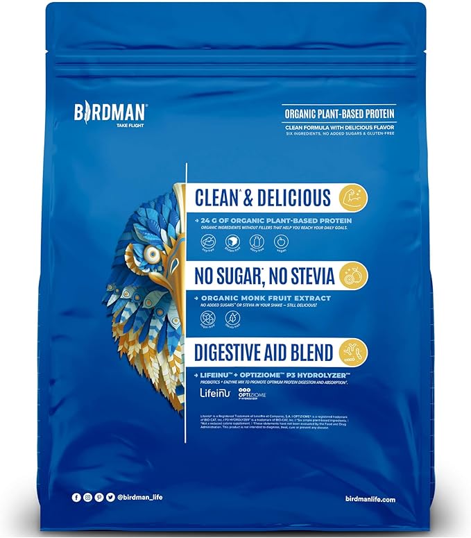 BIRDMAN Falcon Vegan Protein Powder Organic, Stevia & Sugar Free, Plant Based Protein, Low Carb, Dairy Free, Keto, Non Whey Protein, Probiotic, Pea Protein | Vanilla Flavor - 60 Servings - 3.9 lb
