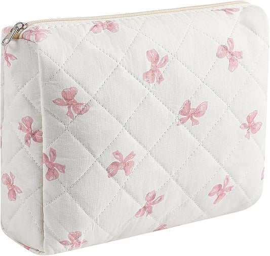 Large Quilted Cotton Makeup Bag Cosmetic Bag for Women, Cute Large Floral Cotton Travel Cosmetic Bag, Zipper Toiletry Bag Makeup Organizer Storage Bag (Pink Bow Tie)