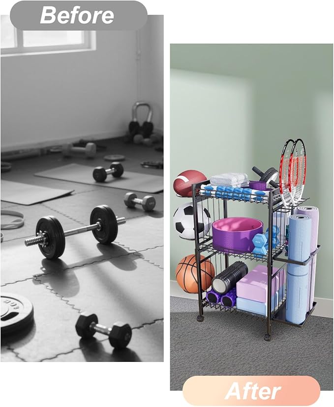 Yoga Mat Storage Rack, Home Gym Organizer Rack Yoga Mat Holder, Workout Storage for Yoga Mat, Gym Equipment Storage Cart with Wheels and Hooks for Home Exercise and Fitness Gear