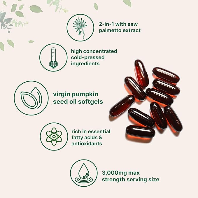 Pumpkin Seed Oil with Saw Palmetto, 3,000mg Per Serving, 300 Softgels | Cold Pressed, Pure Virgin Oil, Herbal Supplement | Supports Hair, Urinary, Bladder & Prostate Health | Non-GMO