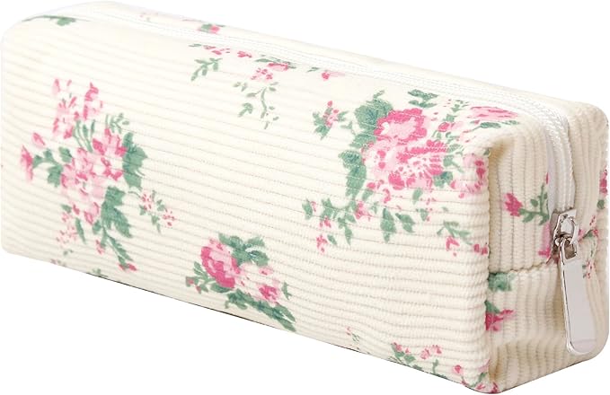 Cosmetic Bag for Women Corduroy Makeup Bag Travel Make Up Organizer Tool Pouch Small Bag for Purse, Zipper Portable Storage Pouch Toiletry Bag for Women (Pink flowers)