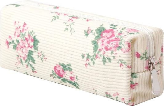 Cosmetic Bag for Women Corduroy Makeup Bag Travel Make Up Organizer Tool Pouch Small Bag for Purse, Zipper Portable Storage Pouch Toiletry Bag for Women (Pink flowers)