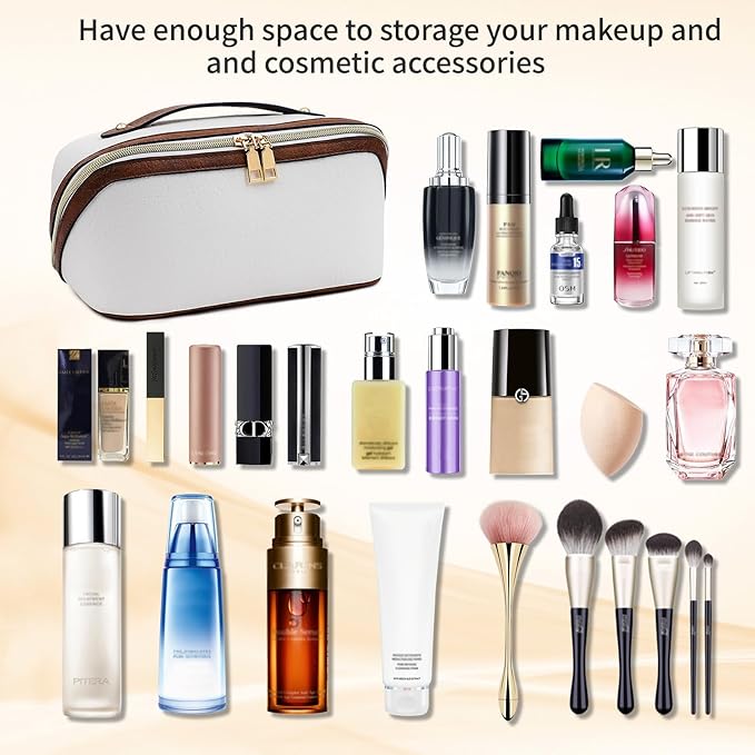 Stylish Makeup Bag Organizer Travel Case for Women Cosmetic Bag for Toiletries and Makeup Waterproof Leather Cosmetic Bag Perfect Fit Home or on the Go (B-White/Brown)