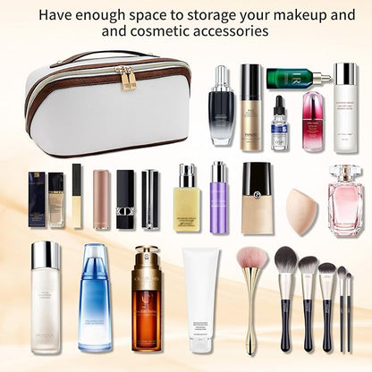 Stylish Makeup Bag Organizer Travel Case for Women Cosmetic Bag for Toiletries and Makeup Waterproof Leather Cosmetic Bag Perfect Fit Home or on the Go (B-White/Brown)