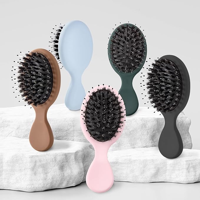 Mini Boar Bristles Hair Bursh, Travel Size Hair Brush for Women Men Kids, Protable Small Hair Brush for Pockets Purses, Mini Detangler Brush for Smooth Add Shine (1 Pack-Blue)